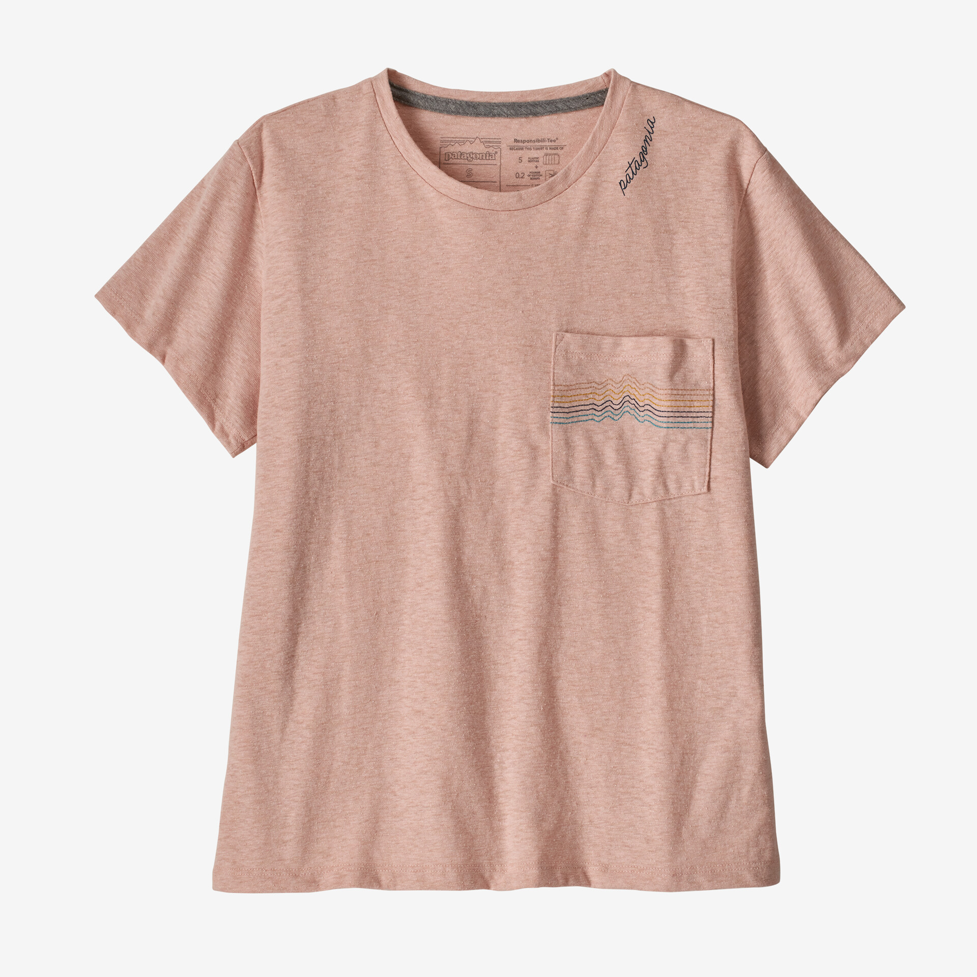 Женская ответственная футболка с карманами и полосками по хребту Patagonia, цвет Cozy Peach в горах графика