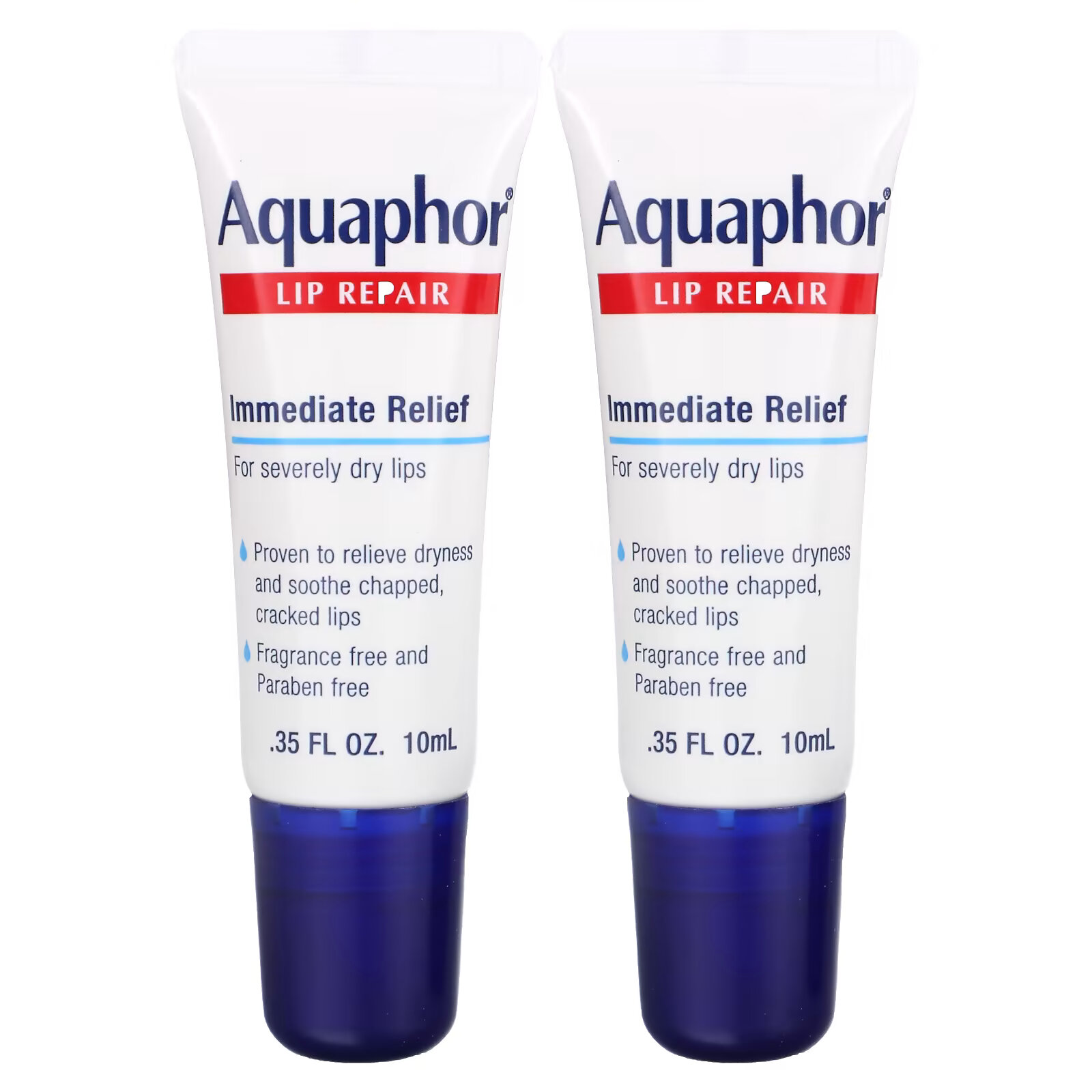 Aquaphor, Lip Repair, немедленное облегчение, без отдушек, 2 тюбика по 10 мл (0,35 жидк. Унции) - фото