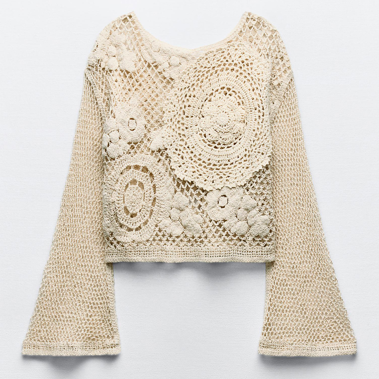 Топ Zara Crochet, экрю женский топ для танца живота кружевной кардиган с длинными расклешенными рукавами накидка для балета и гимнастики