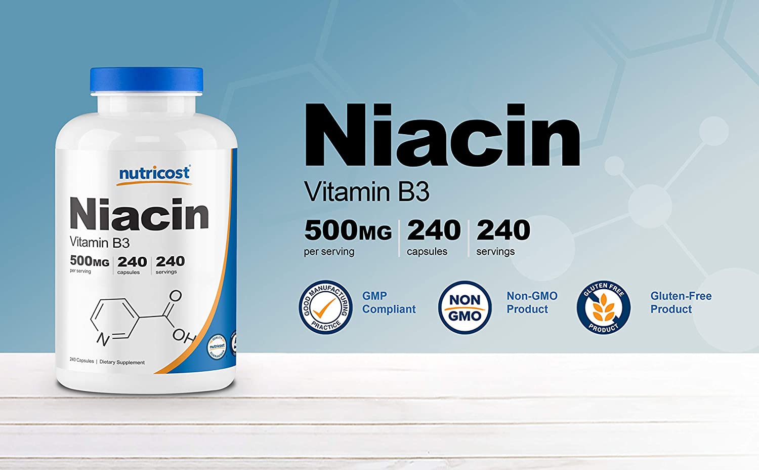 Ниацин (витамин B3) Nutricost 500 мг, 240 капсул