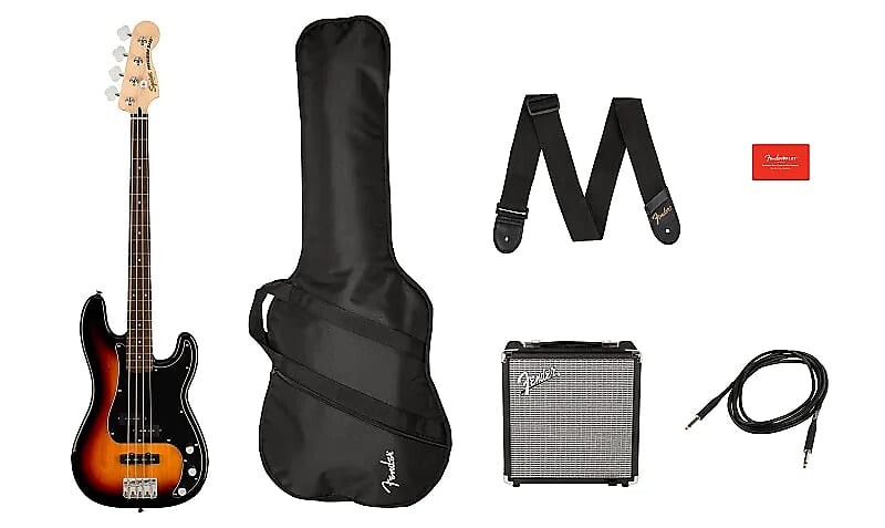 

Squier Affinity Series Precision Bass PJ Pack, Laurel, 3 цвета Sunburst, сумка для концерта, Rumble 15–120 В Affinity Series Precision Bass PJ Pack, Laurel, 3-Color Sunburst, Gig Bag, Rumble 15 - 120V