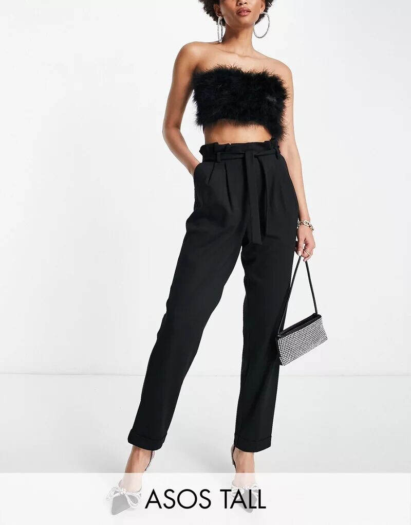 

Черные плиссированные брюки с тупым трикотажным поясом ASOS DESIGN Tall