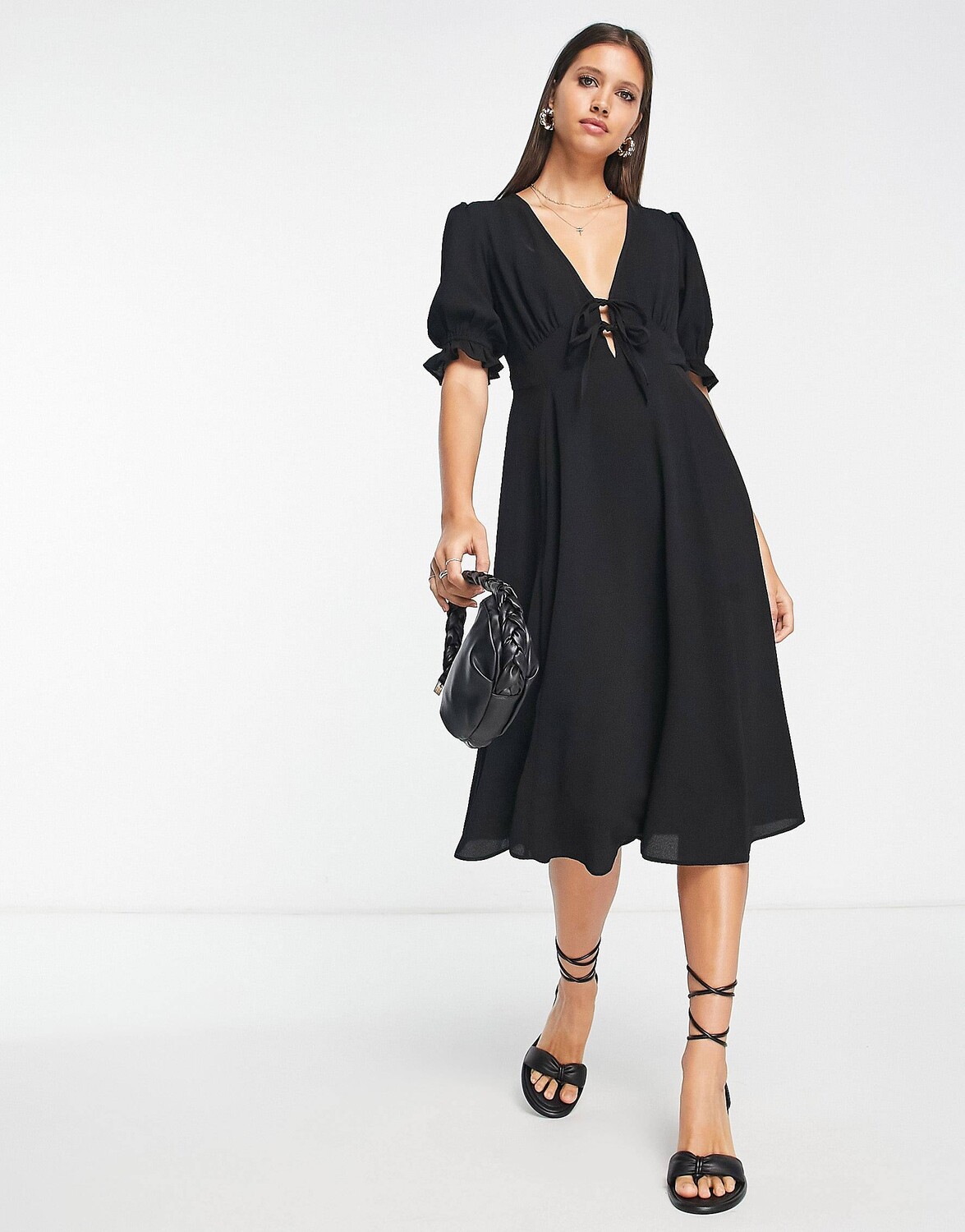 

Черное чайное платье миди с завязками спереди и юбкой-годе ASOS DESIGN