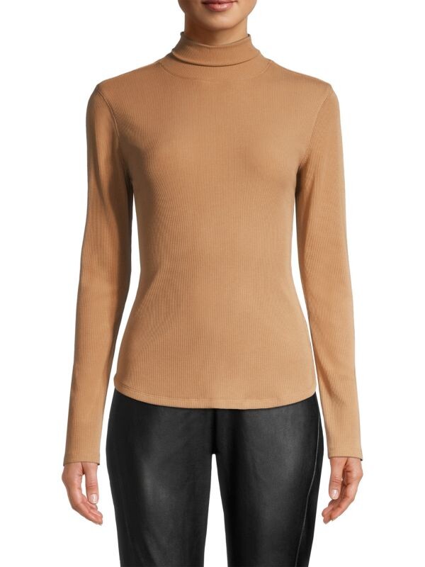 

Трикотажный топ Elie Tahari в рубчик с высоким воротником, camel