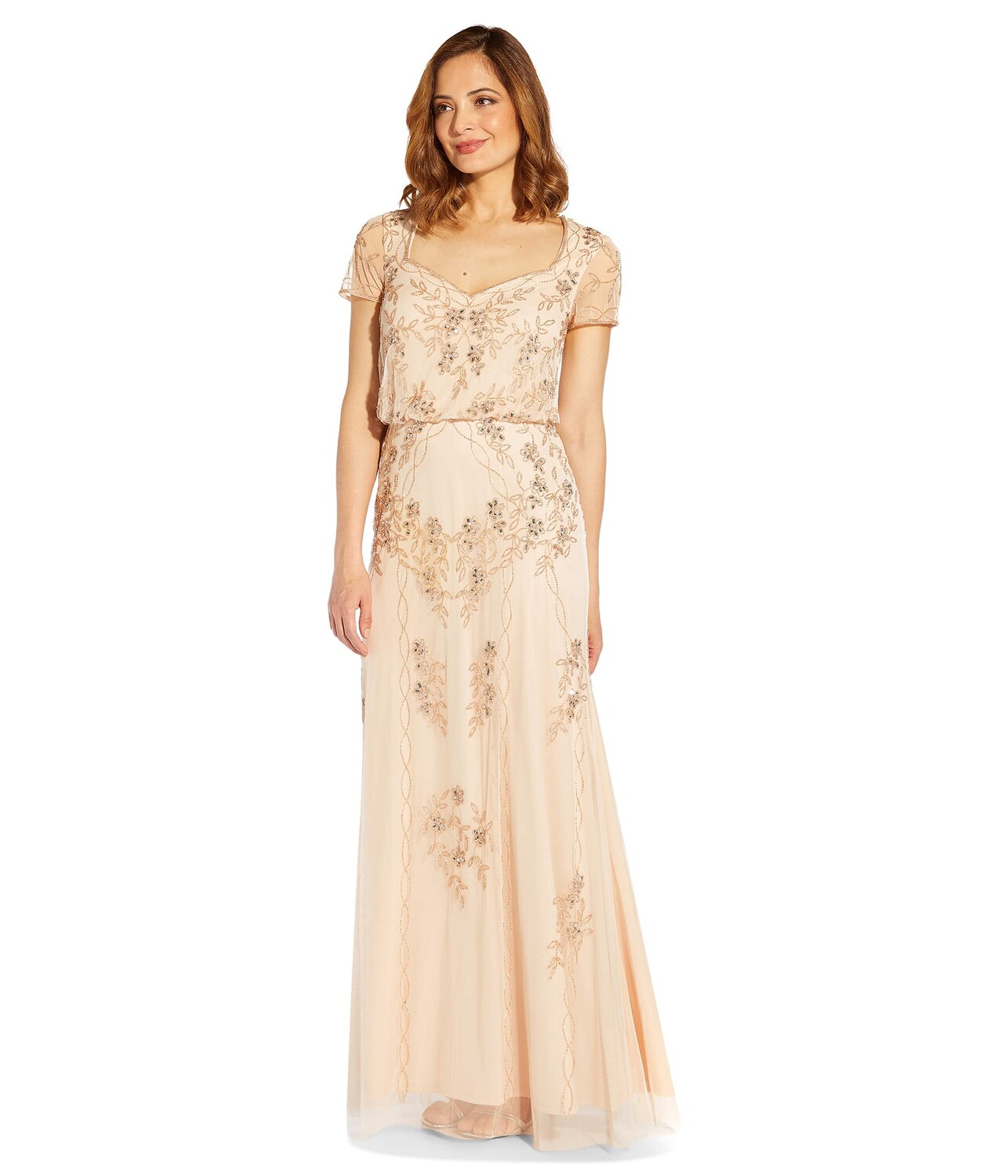 

Платье Adrianna Papell, Short Sleeve Beaded Blousson Long Gown with Sweetheart Neckline