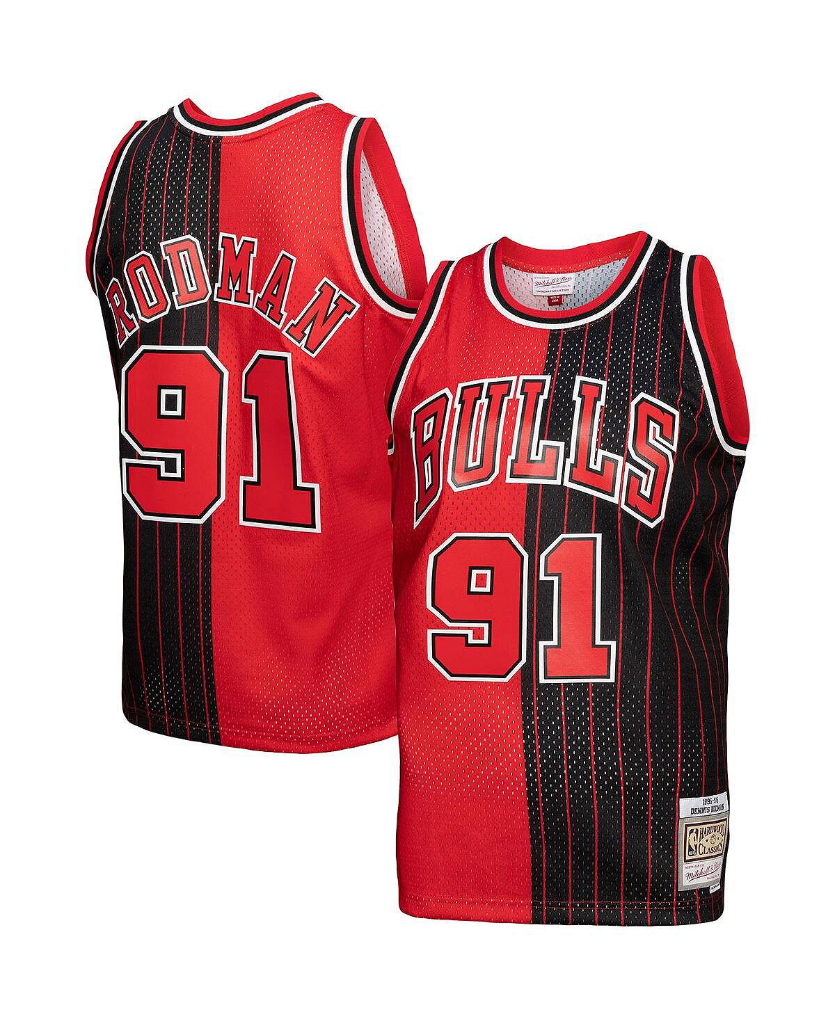 Мужская футболка dennis rodman red, black chicago bulls hardwood classics 1995-96 split swingman jersey Mitchell & Ness, мульти