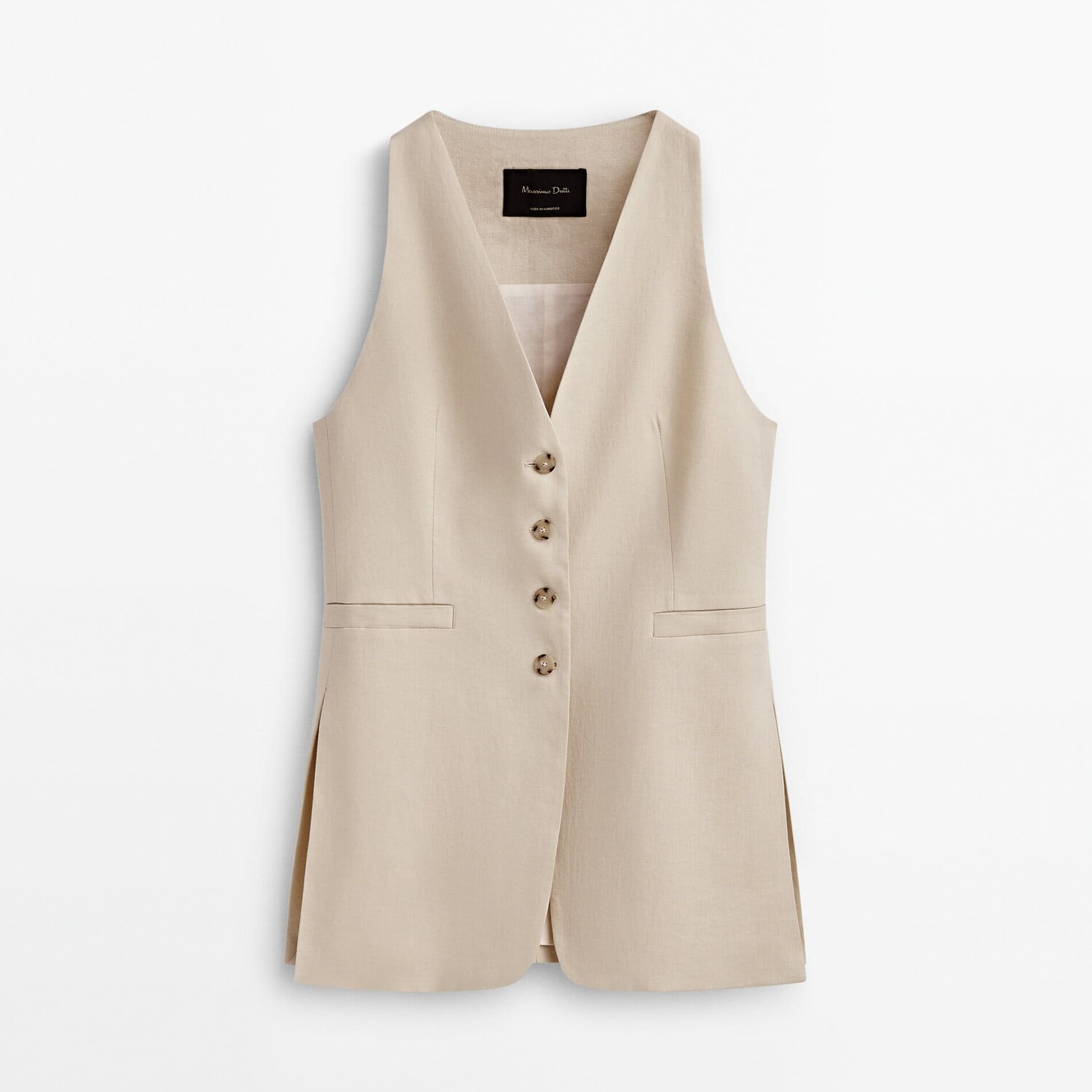 

Удлиненный жилет из 100% льна с разрезами по бокам Massimo Dutti, песочный