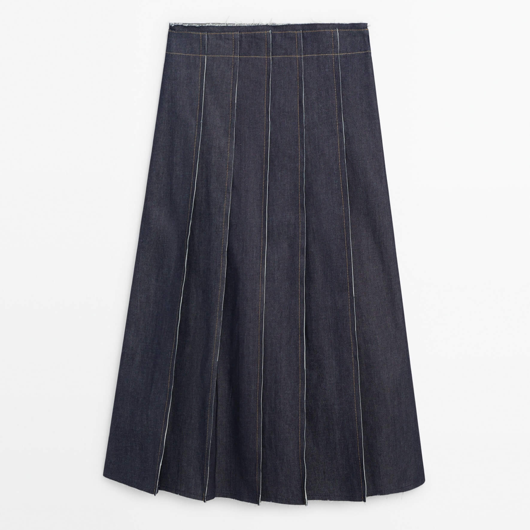 черная джинсовая юбка миди со швами urban revivo Юбка Massimo Dutti Denim Midi With Seams And Frayed Hem, темно-синий