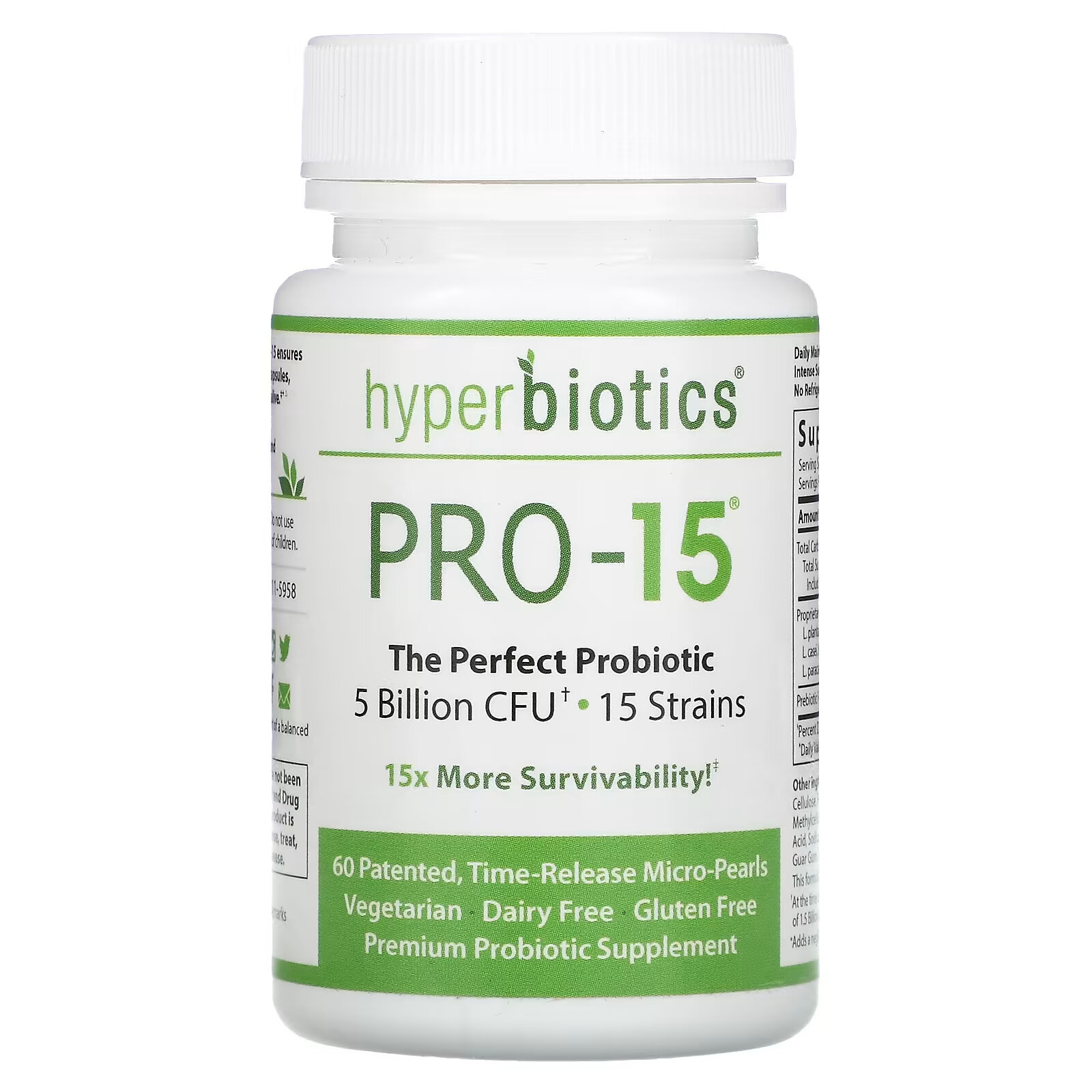 Hyperbiotics, PRO-15, идеальный пробиотик, 5 млрд КОЕ, 60 запатентованных микрогранул с замедленным высвобождением