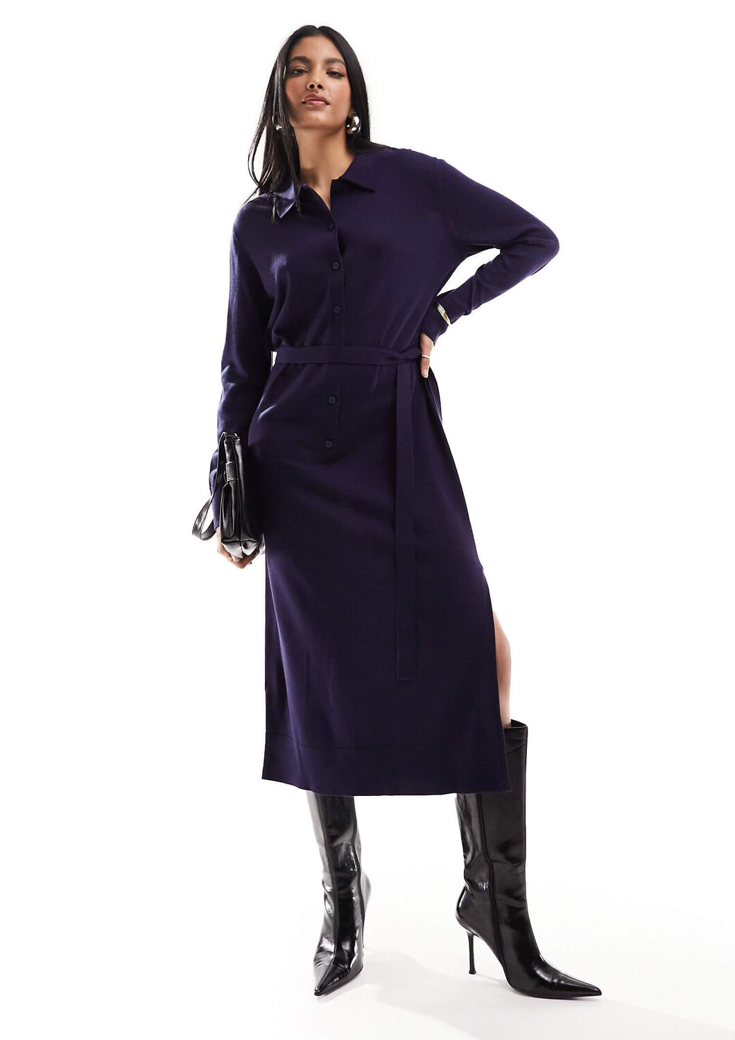 

Платье & Other Stories Merino Wool Knitted Belted Midi, темно-синий