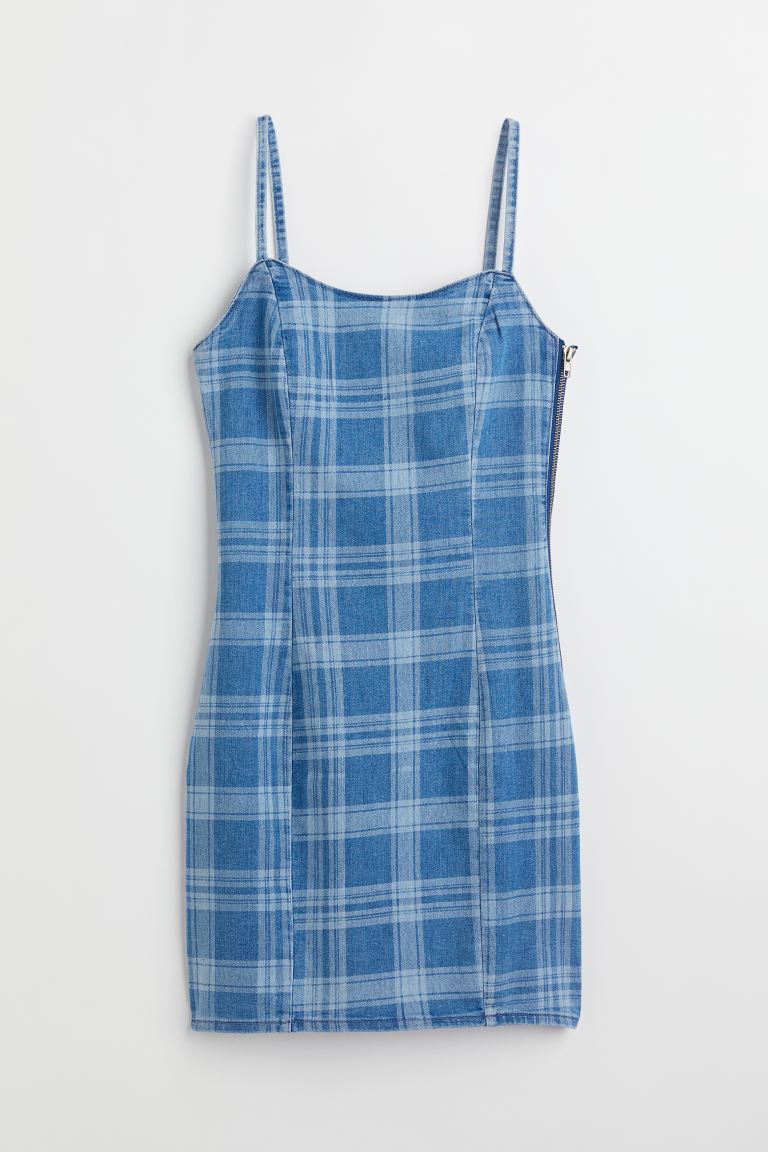 Приталенное платье H&M, голубой деним/клетка