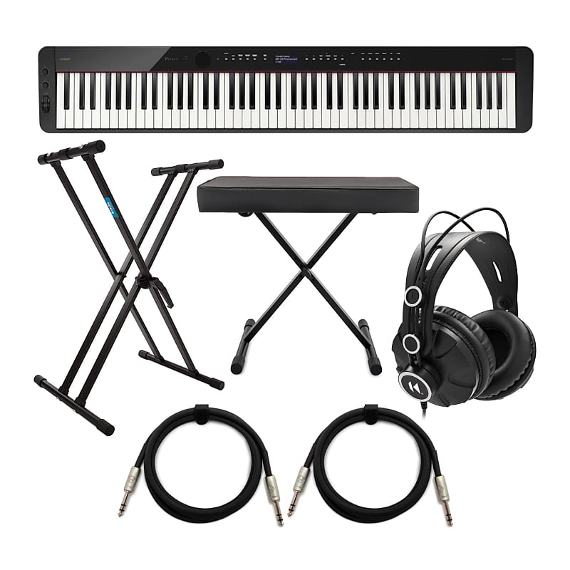 Casio PX-S3100 88-клавишное цифровое пианино (черного цвета) с двойной подставкой для клавиатуры X, скамьей для клавиатуры X-Style, наушниками для студийного монитора и кабелем TRS Casio PX-S3100 88-Key Digital Piano (Black) Bundle кольца piano pxr0099 r black