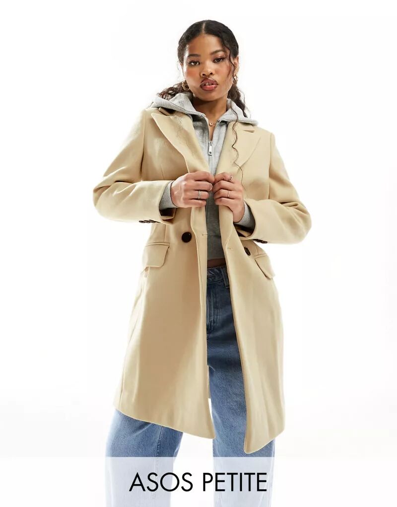 Элегантное приталенное пальто средней длины светло-бежевого цвета ASOS DESIGN Petite