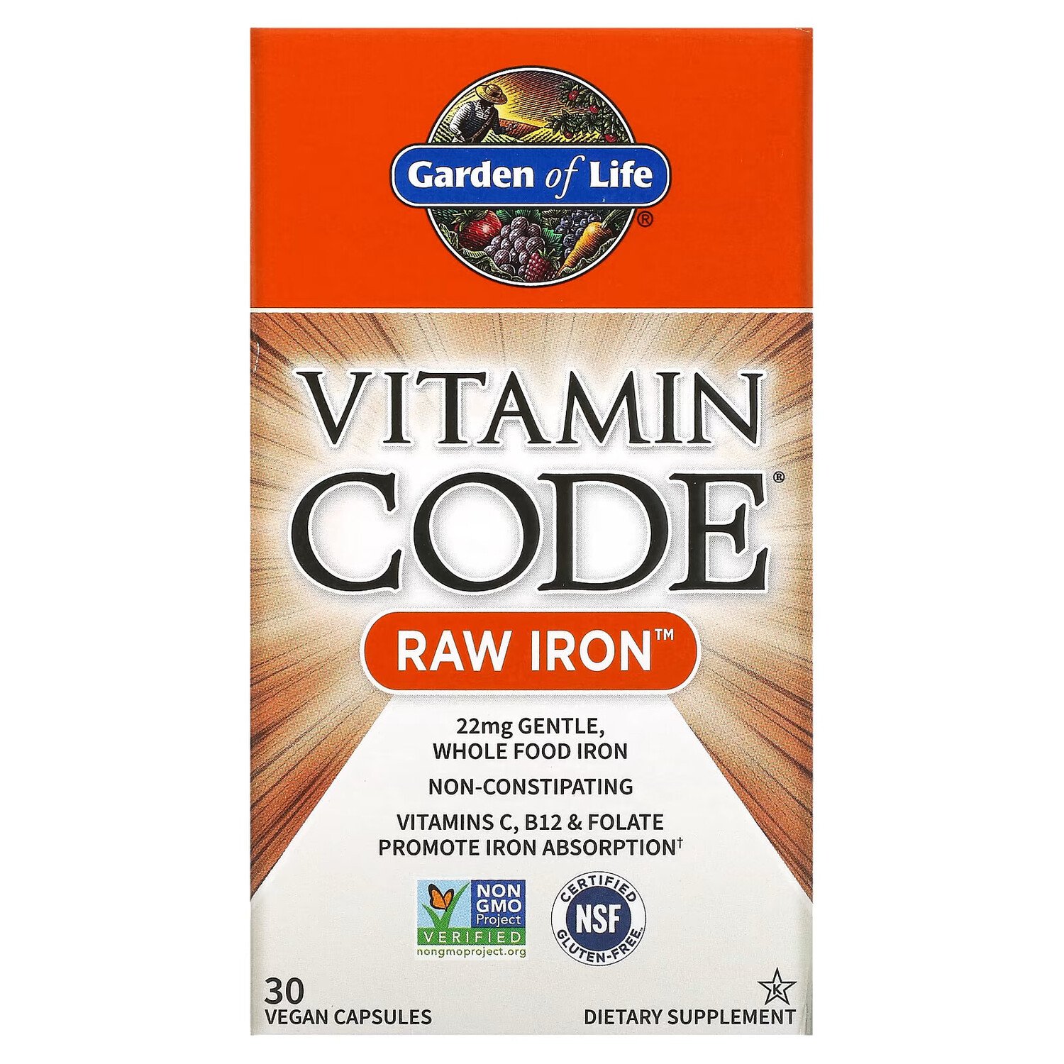 

Garden of Life, Vitamin Code, RAW Iron, 30 веганских капсул