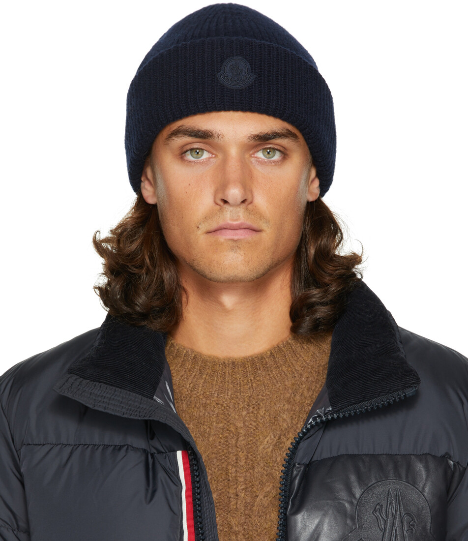 

2 Moncler 1952 Темно-синяя шерстяная шапка с логотипом Moncler Genius