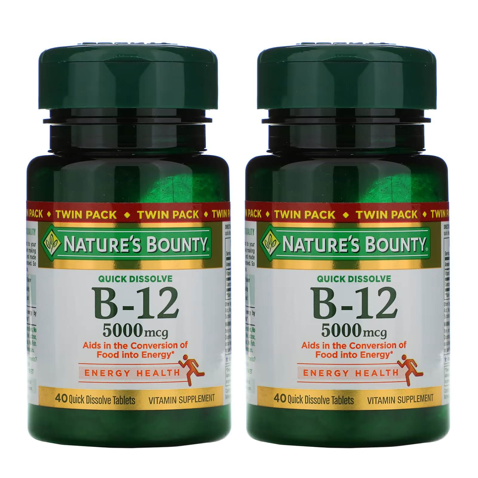 Витамин B12 5000 мкг Nature's Bounty, 2 баночки по 40 таблеток витамин b12 1000 мкг nature s bounty 200 таблеток