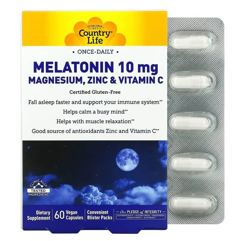 Мелатонин Country Life 10 мг, 60 капсул country life лютеин 20 мг 60 гелевых капсул