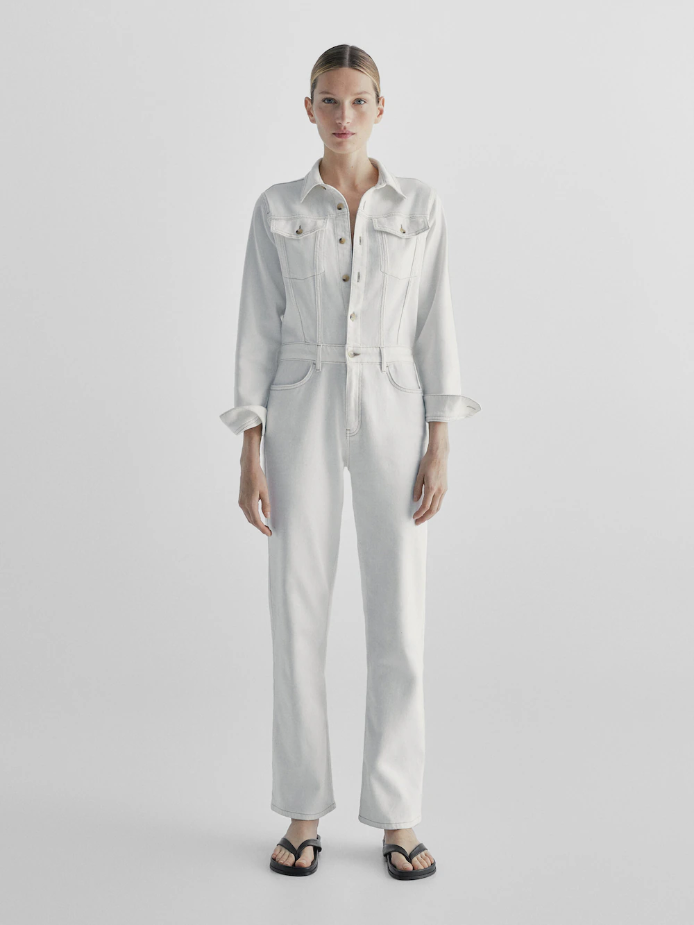 

Прямой джинсовый комбинезон с отшивкой Massimo Dutti, кремовый