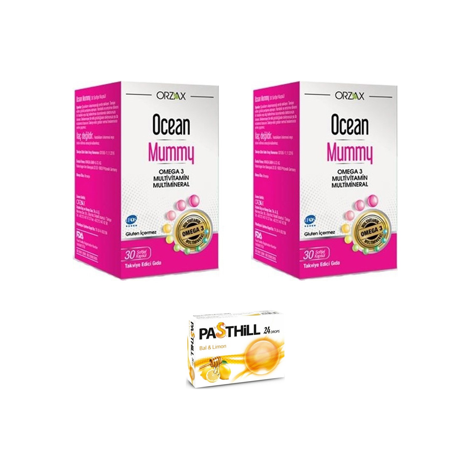 Пищевая добавка Orzax Ocean Mummy, 2 упаковки по 30 желатиновых капсул + Пастилки Pasthill со вкусом меда и лимона