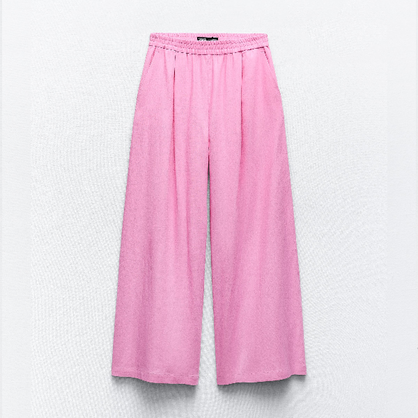 Брюки Zara Wide-leg Linen-blend, розовый платье zara printed linen blend розовый