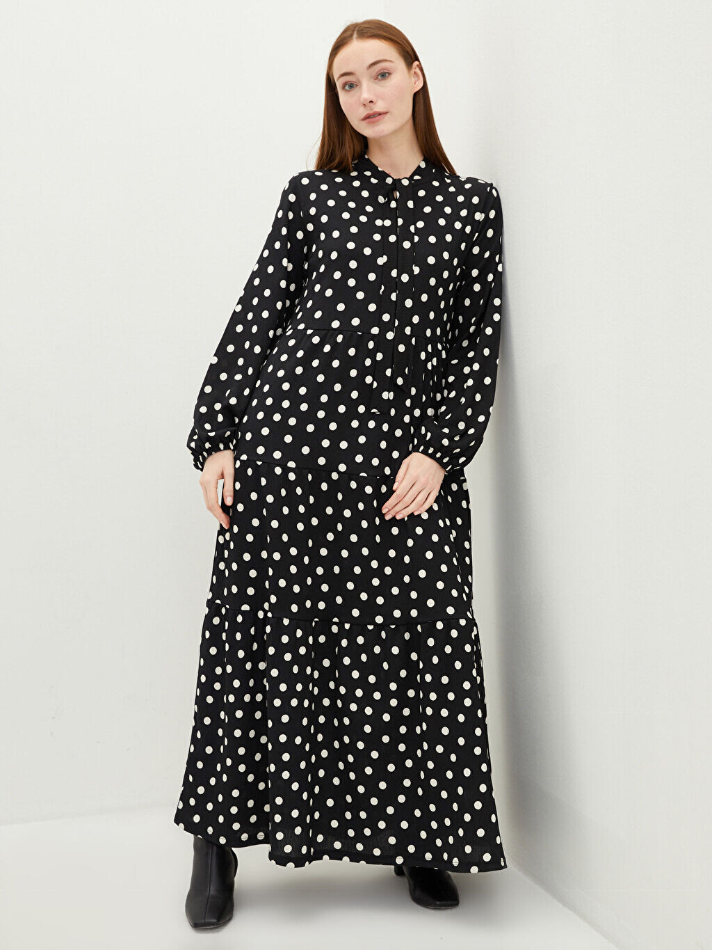 

Женское платье с длинным рукавом и воротником в горошек с галстуком LCW Modest