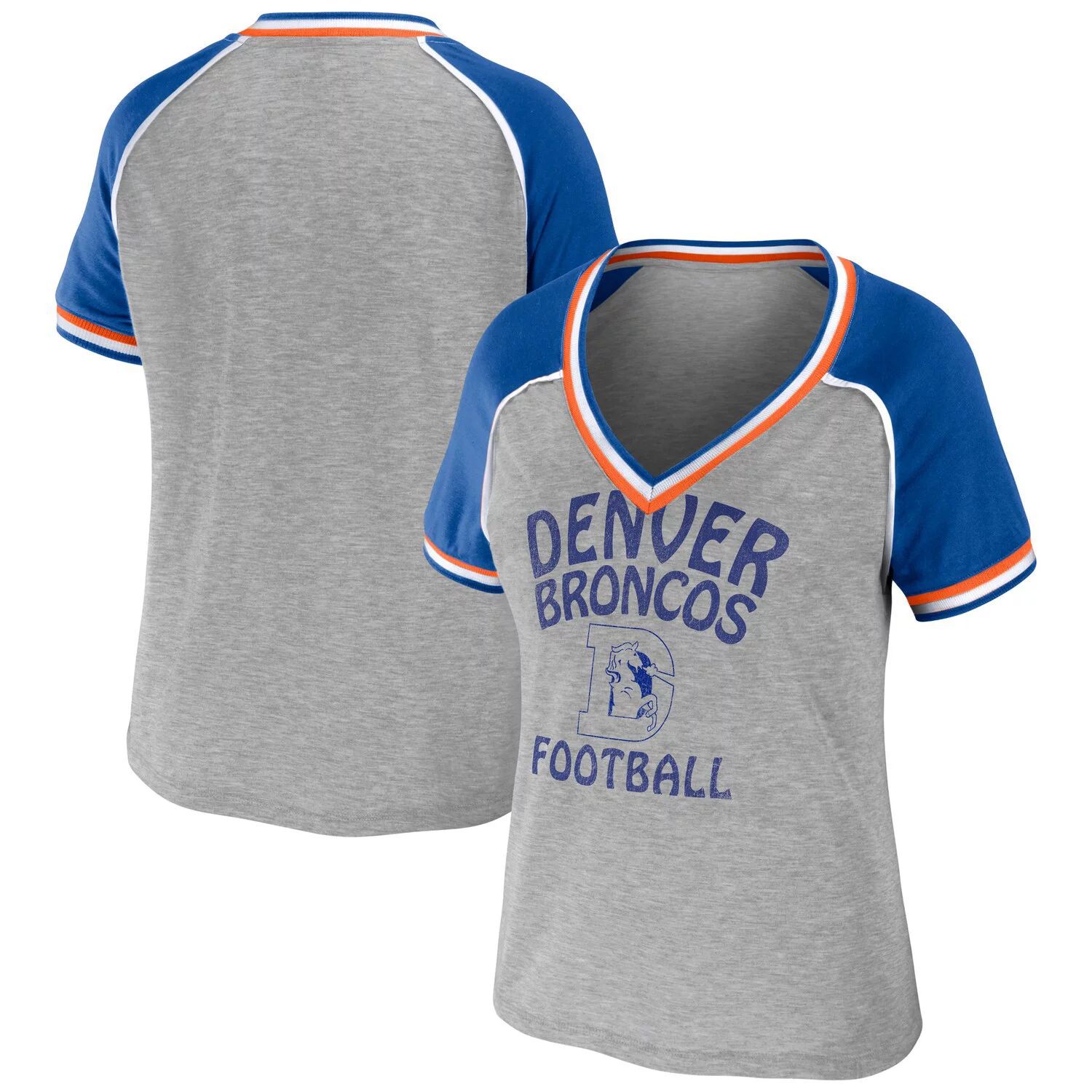 Женская одежда Erin Andrews Хизер Серая футболка Denver Broncos Throwback реглан с v-образным вырезом