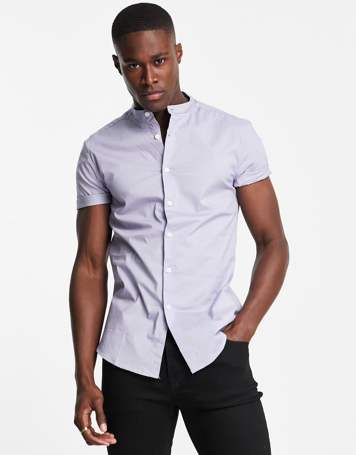 

Голубая рубашка скинни с воротником-стойкой ASOS DESIGN