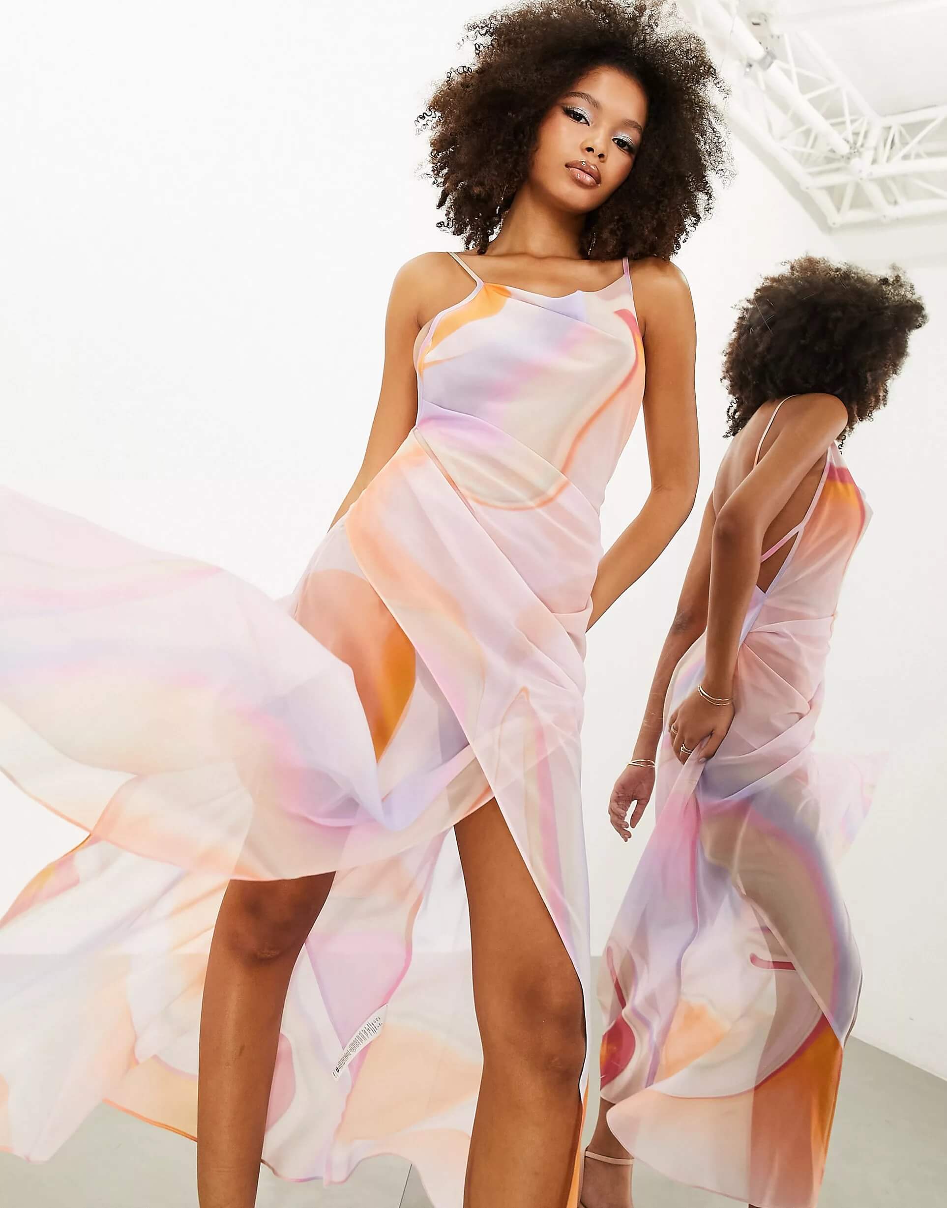 Платье-макси Asos Edition Draped Neckline Delicate Marble Print, сиреневый/бежевый/оранжевый