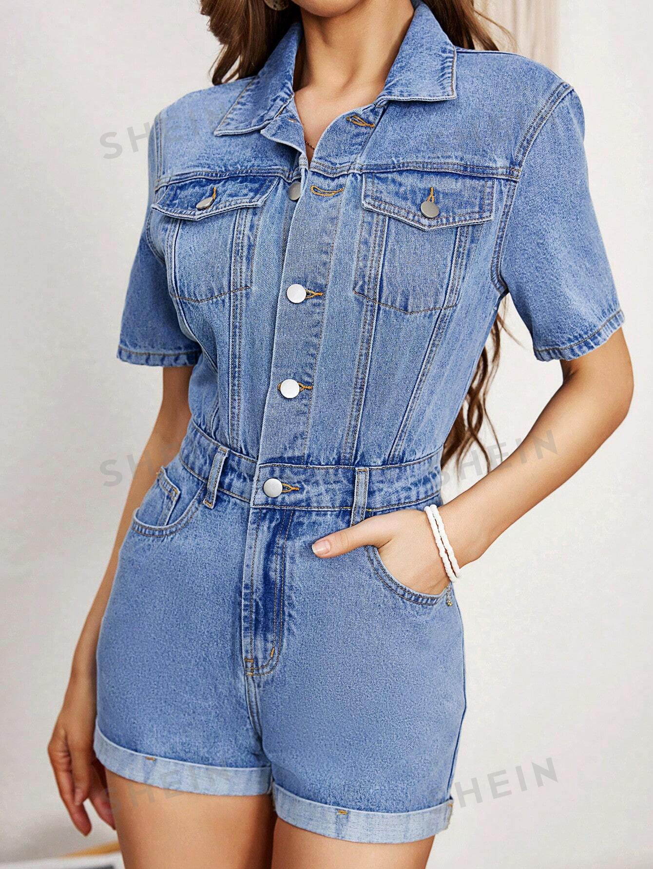 цена SHEIN VCAY Женский джинсовый комбинезон с короткими рукавами и рубашечным воротником, легкая стирка