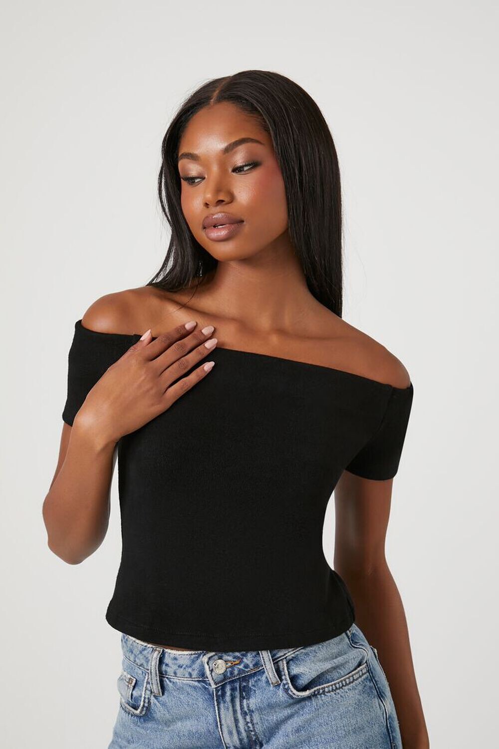

Укороченный топ с открытыми плечами Forever 21, черный