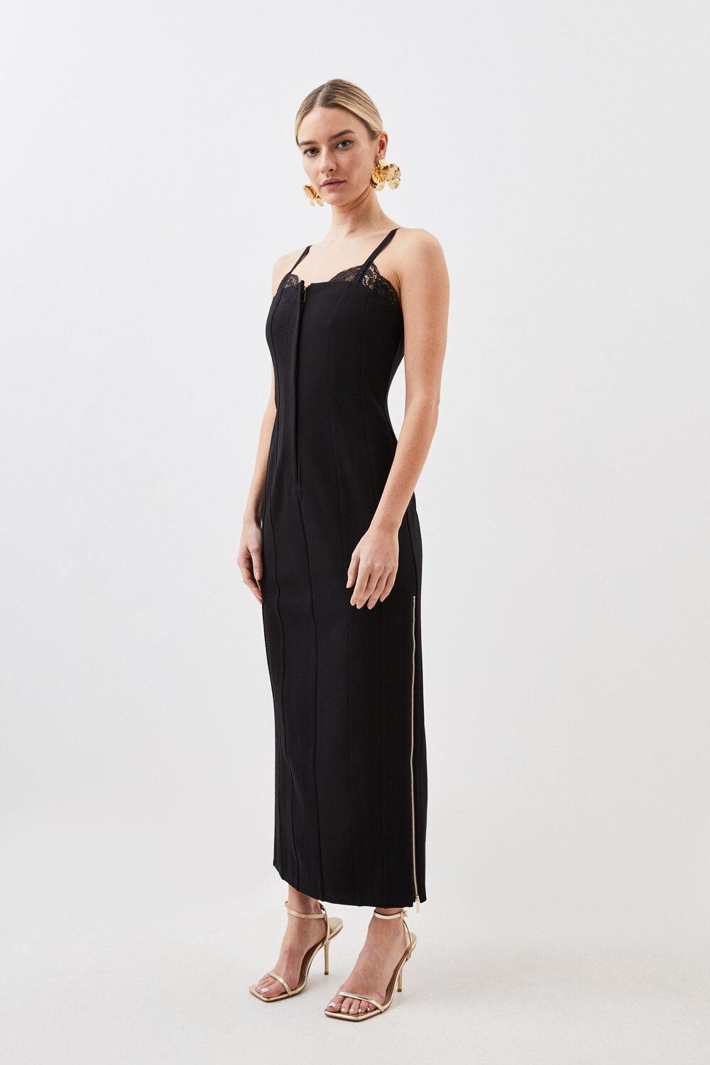 

Миниатюрное трикотажное платье миди из понте и кружева Karen Millen, черный