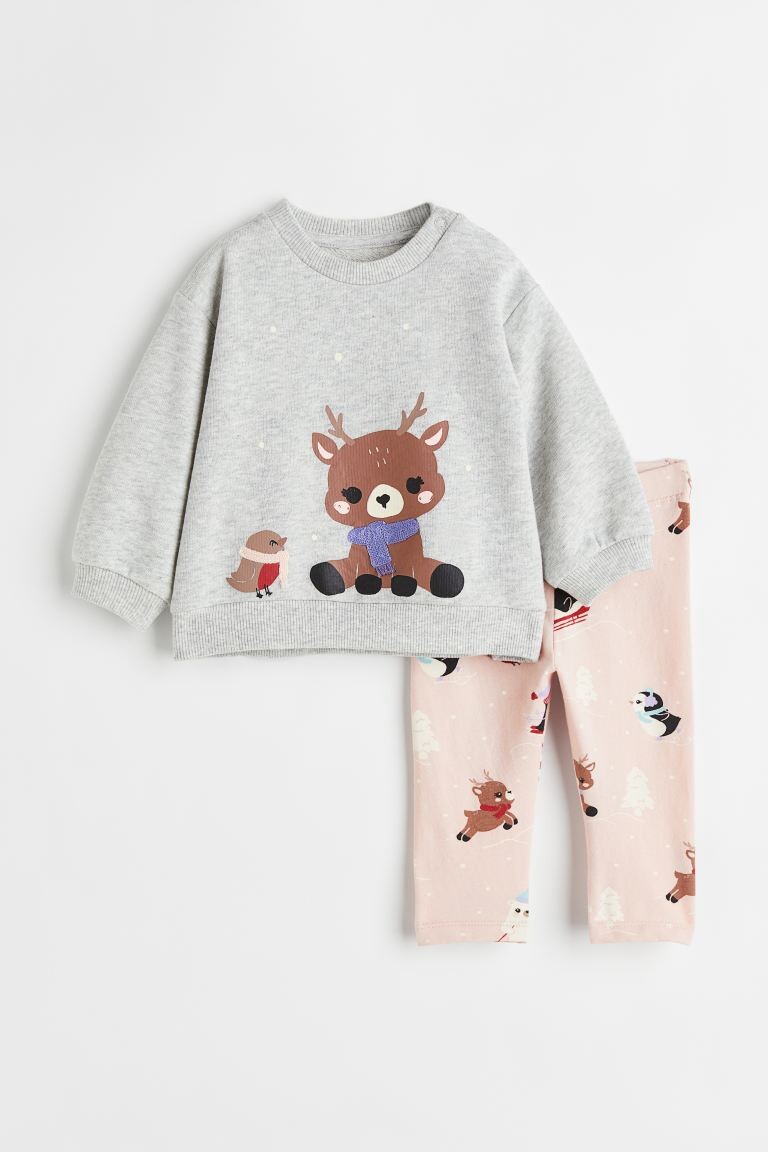 

Комплект из 2 предметов из хлопка с набивным рисунком H&M, светло-розовый/зимние животные