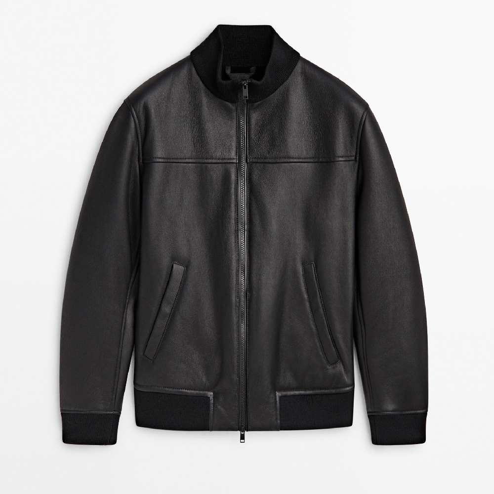 Куртка Massimo Dutti Double-faced Leather Bomber, черный куртка zara double faced черный