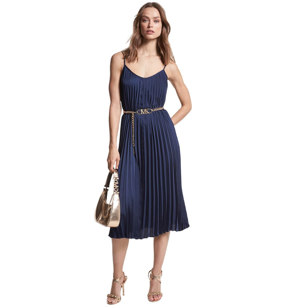 

Платье Michael Michael Kors Pleated Satin Belted Slip, темно-синий
