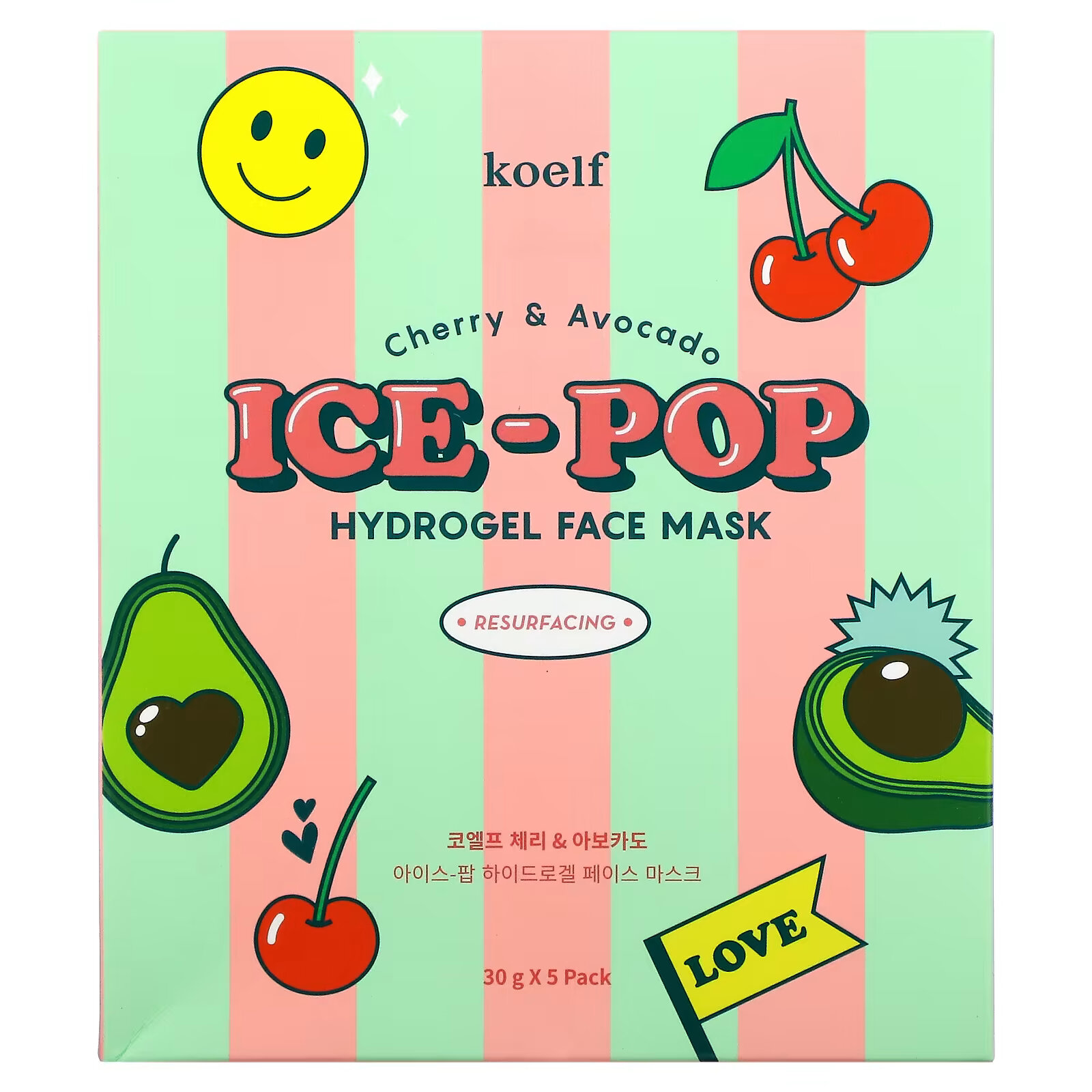 Koelf, Гидрогелевая маска для лица Ice-Pop, с вишней и авокадо, 5 шт., 30 г koelf гидрогелевая маска для лица ice pop с вишней и авокадо 5 шт 30 г
