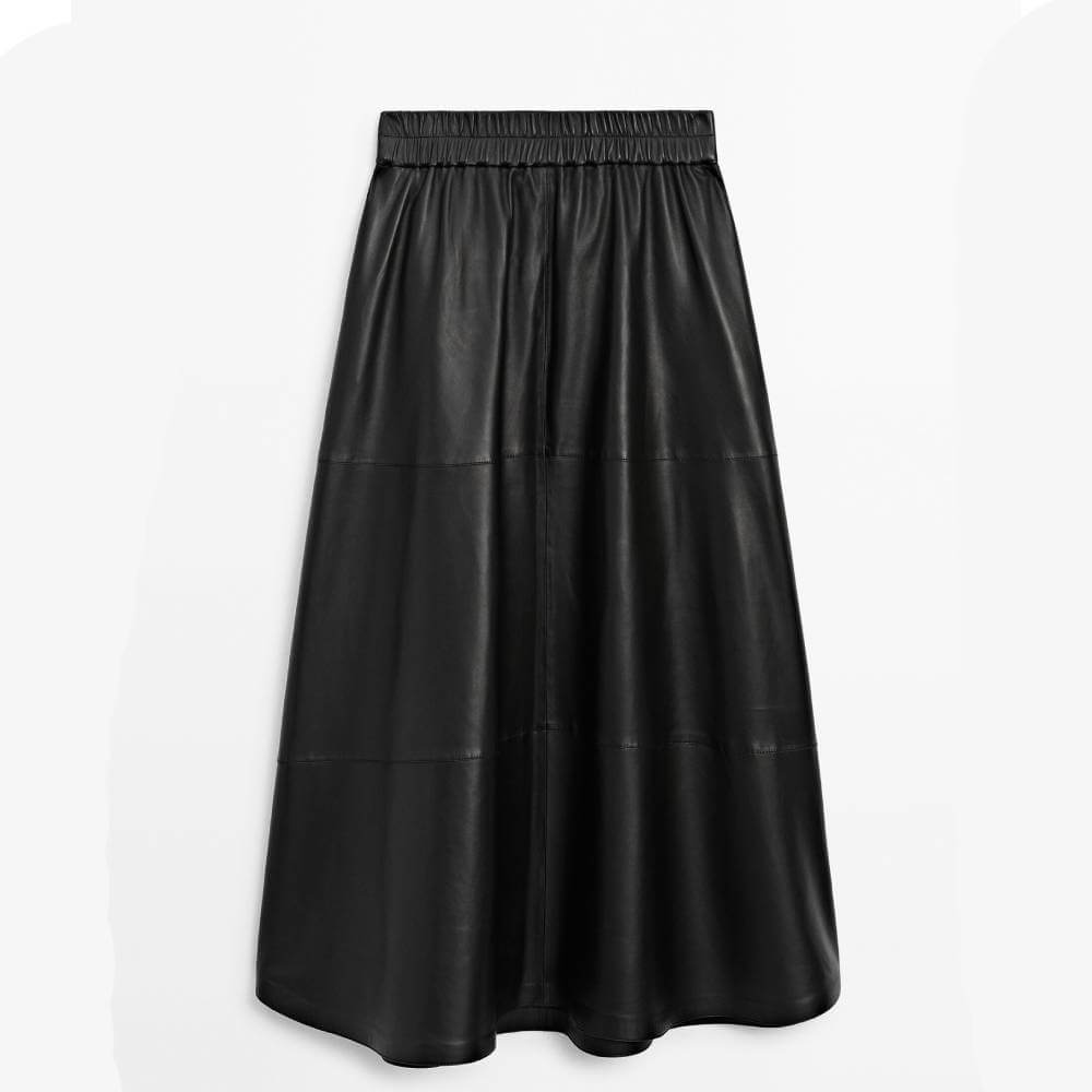Юбка Massimo Dutti Long Nappa Leather With Side Splits, черный
