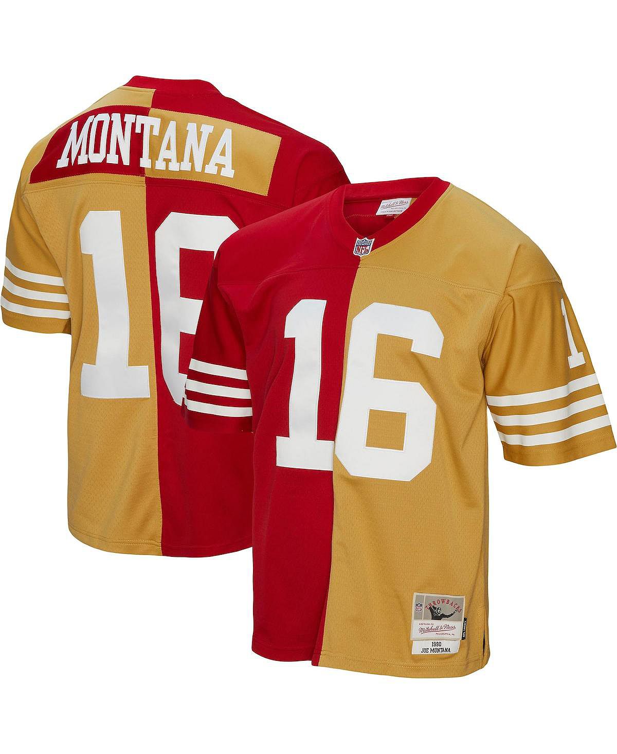 Мужская футболка joe montana scarlet, gold san francisco 49ers 1990 split legacy, копия джерси Mitchell & Ness, мульти мужская толстовка с короткими рукавами scarlet san francisco 49ers postgame mitchell