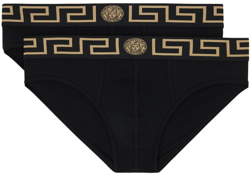 

Набор из двух черных и золотых трусов с каймой Greca Versace Underwear