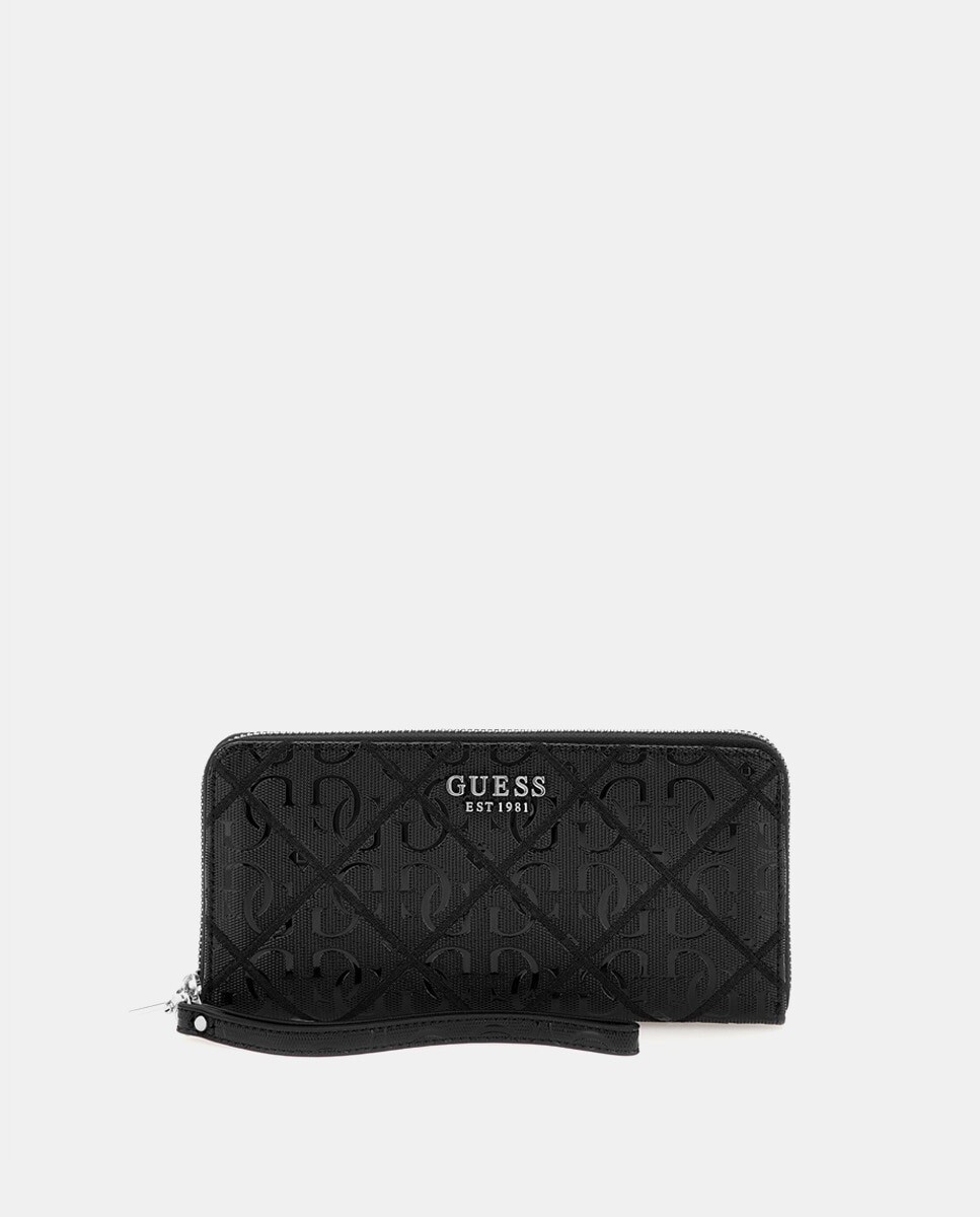 

Большой черный кошелек на молнии и дополнительной ручке Guess, черный