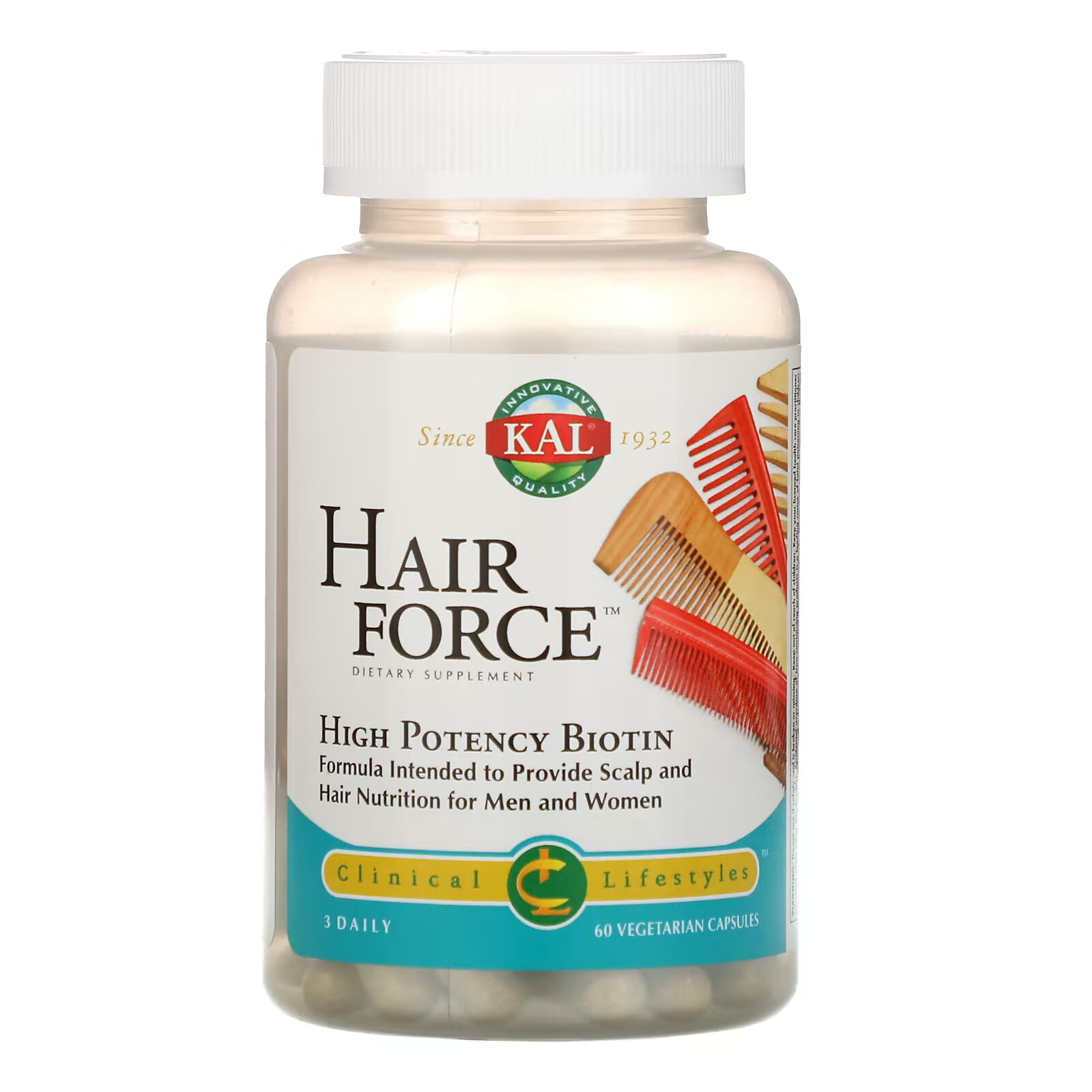 KAL, Hair Force, высокоэффективный биотин, 60 вегетарианских капсул молозиво лактоферрин kal 60 вегетарианских капсул