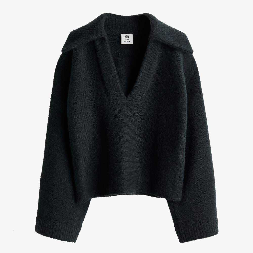 Свитер H&M Studio Collection Wool-blend With Collar, черный цена и фото
