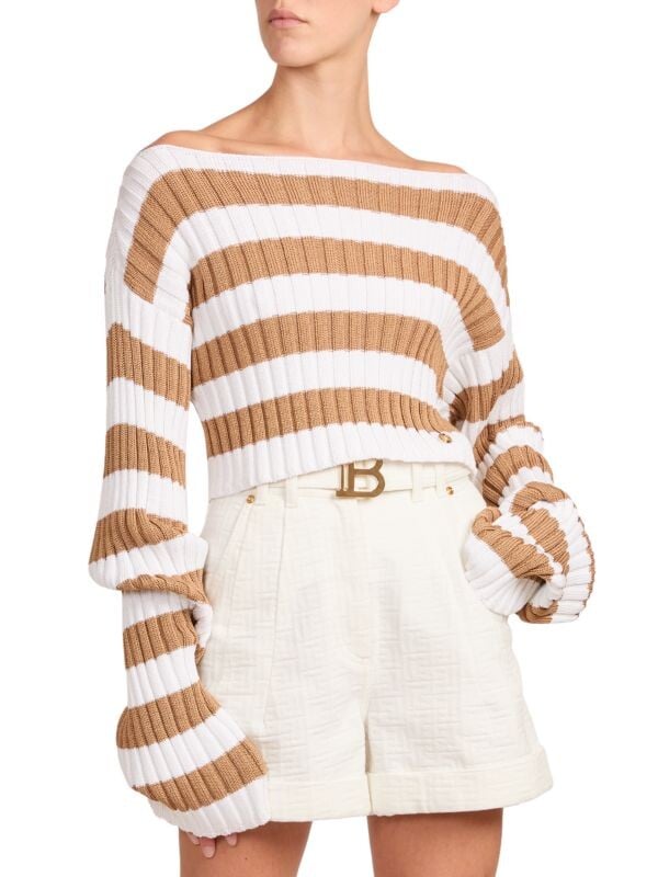 

Укороченный вязаный топ Balmain в полоску, blanc/tan