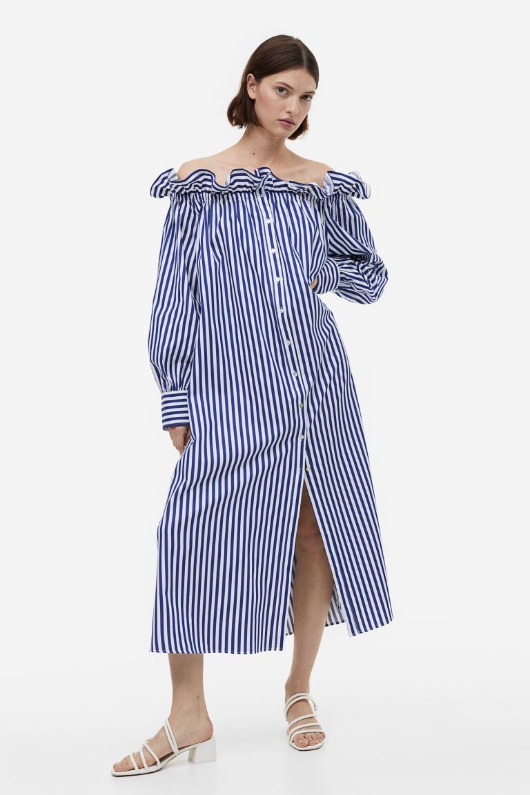

Платье с открытыми плечами H&M, синий/полосатый