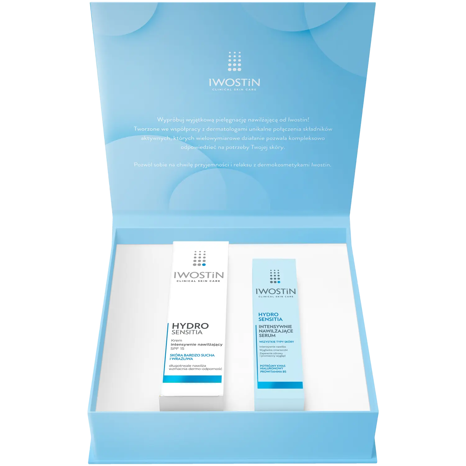 

Iwostin Hydro Sensitia набор: увлажняющая сыворотка для лица, 30 мл + увлажняющий крем для лица с SPF15, 50 мл