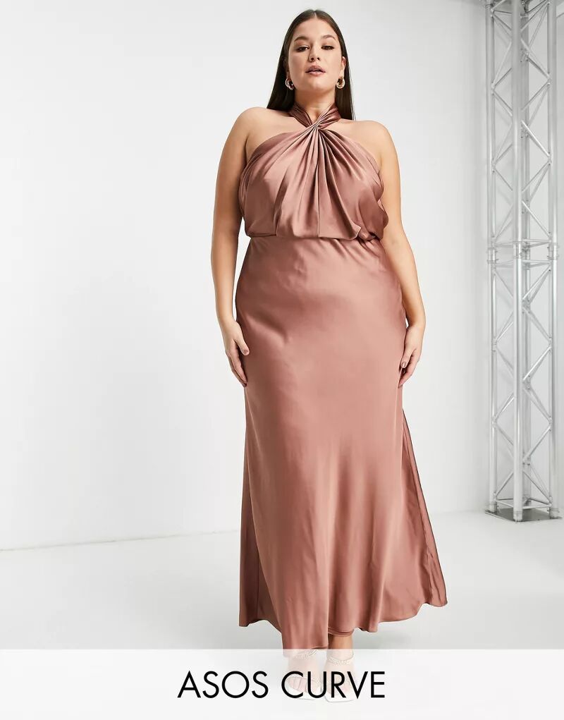 Желто-розовое атласное платье макси со сборками и вырезом-халтер ASOS EDITION Curve