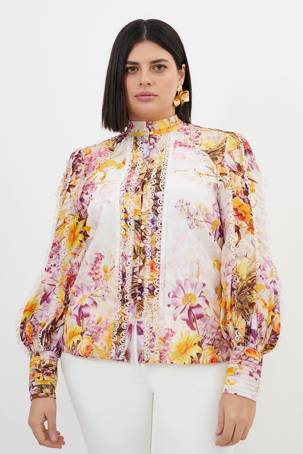 Плюс размер Тканая блузка с высоким воротником и цветочным принтом Karen Millen, мультиколор атласная блузка с высоким воротником vero moda синего цвета с цветочным принтом