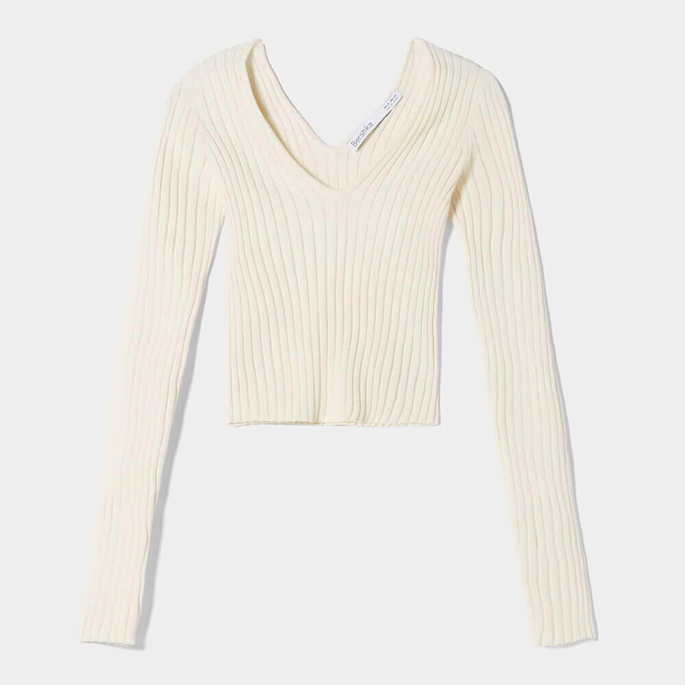 

Свитер Bershka V-neck Ribbed, кремовый