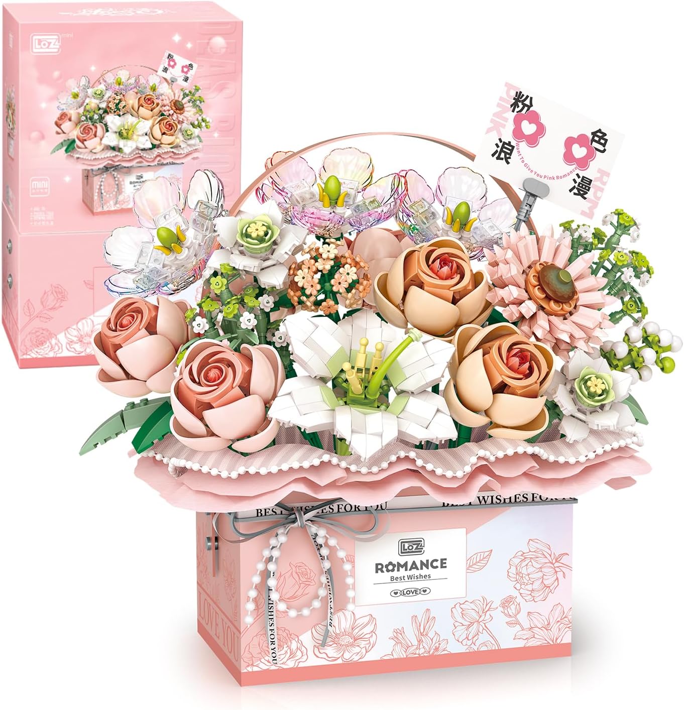 Конструктор с подсветкой LOZ Mini Block Eternal Flower Romance, розовый, 1212 деталей