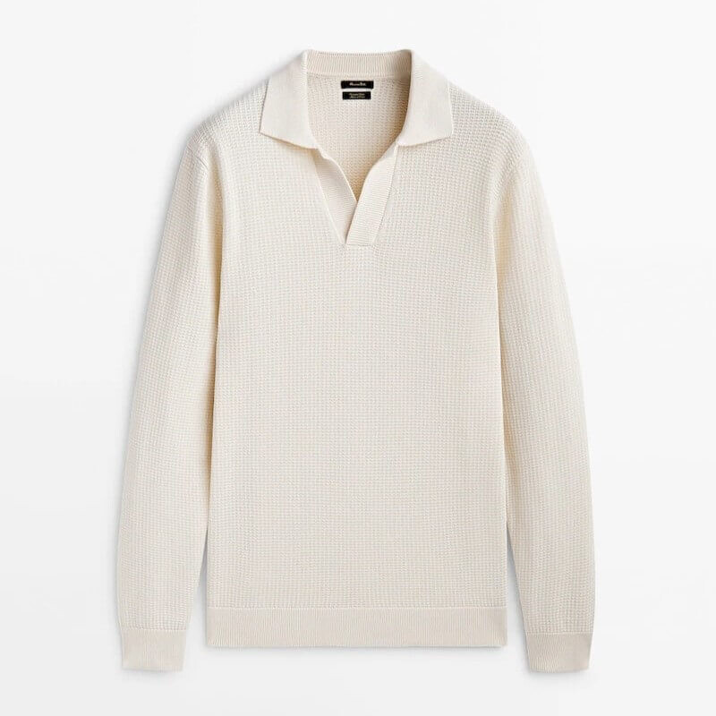

Свитер Massimo Dutti Textured Knit Polo Collar, бежевый