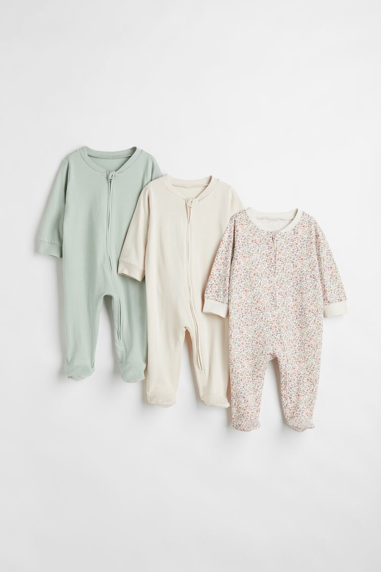 

Комплект из трех пижам на молнии H&M, бледно-зеленый/цветы